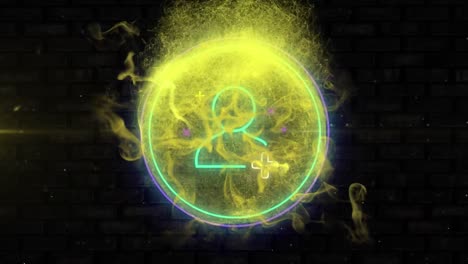 Digitale-Animation-Gelber-Digitaler-Wellen-über-Neongrünem-Symbol-„Freund-Hinzufügen“-Vor-Einer-Ziegelwand