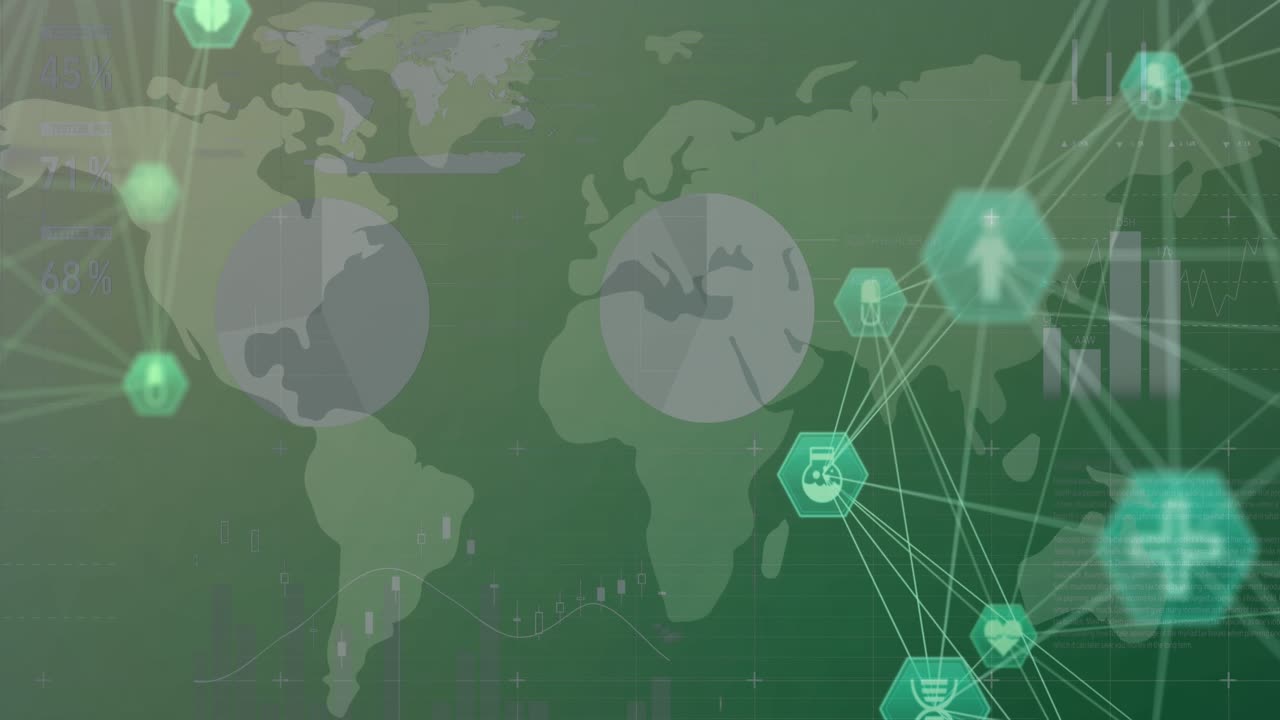 Immagine digitale raffigura una rete medica globale su una mappa del mondo, che simboleggia la tecnologia aziendale.
