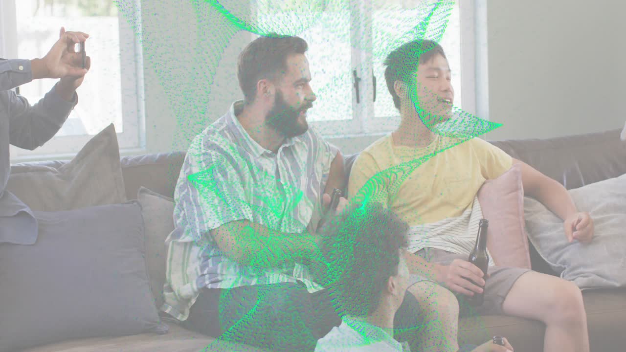 Child lifting gamepad drawing guitarist playing music while friend tapping bottle recorder filming