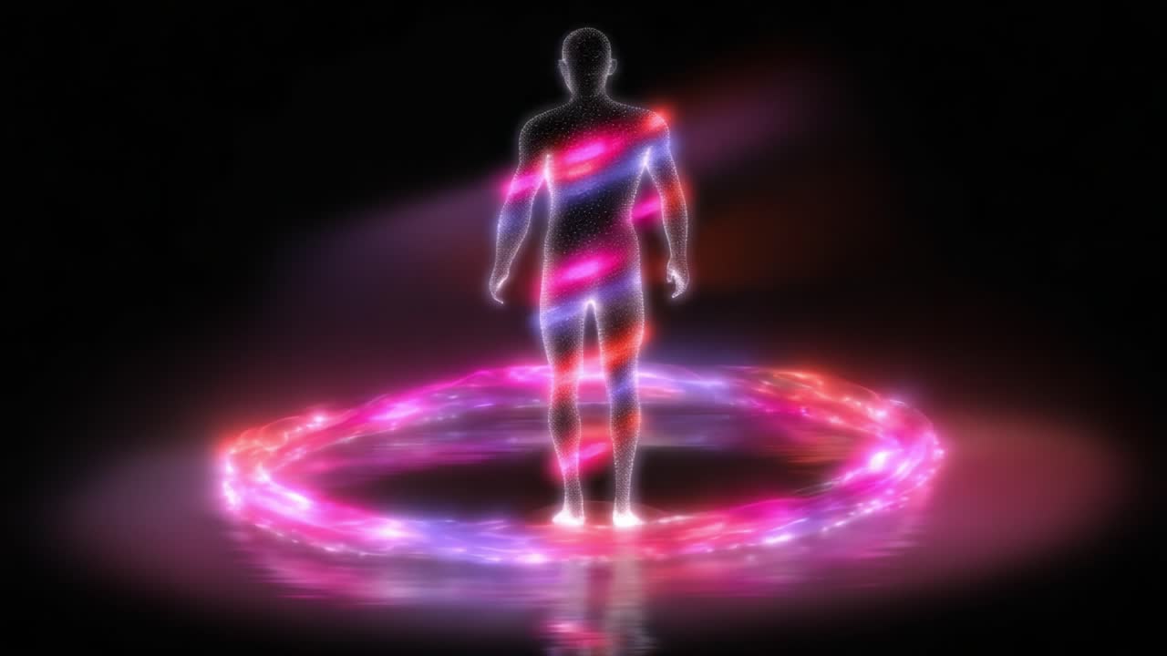 An Ethereal Figure Surrounded by a Glowing Energy Field: A Mystical Representation of Light and Motion in a Dark Environment