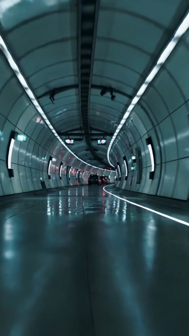 Vertical video: Camera moving into tunnel, highlighting LED guide and taillights for transit