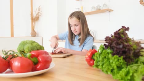 a little girl cuts vegetables a child prepares breakfast in the kitchen a little girl cuts vegetables a child prepares breakfast in the kitchen independent children