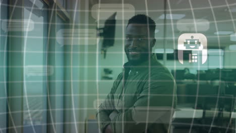 animation of ai data processing and icons over african american businessman