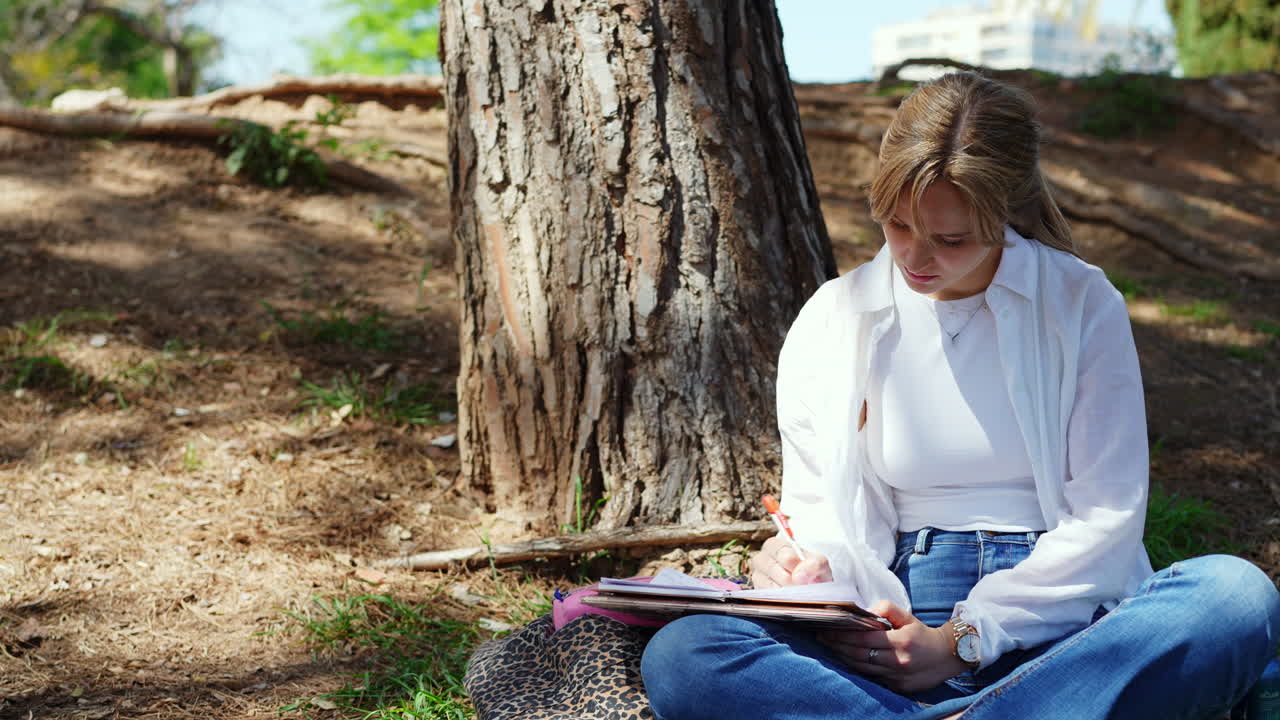 Woman Studying Outdoors Under a Tree