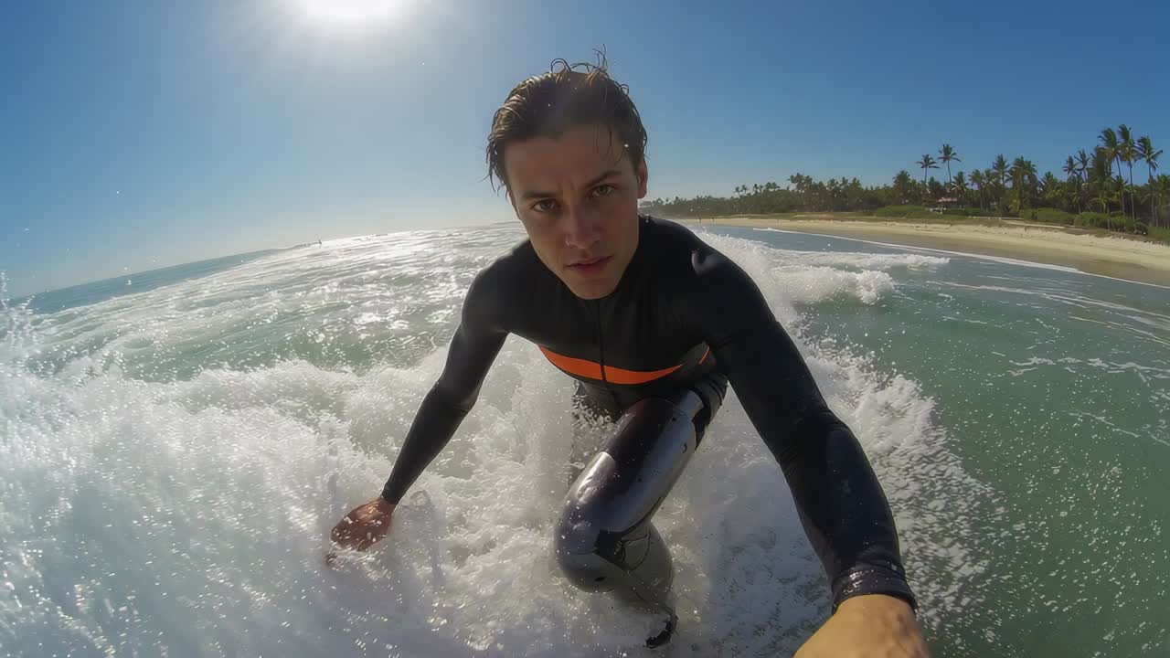 Homem surfando, vestindo roupa de mergulho laranja e reagindo a uma onda quebrando em uma praia tropical, equilibrando-se em uma prancha curta