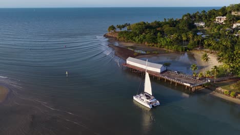drone footage captures a catamaran sailing near a tropical jetty surrounded by lush greenery and calm waters