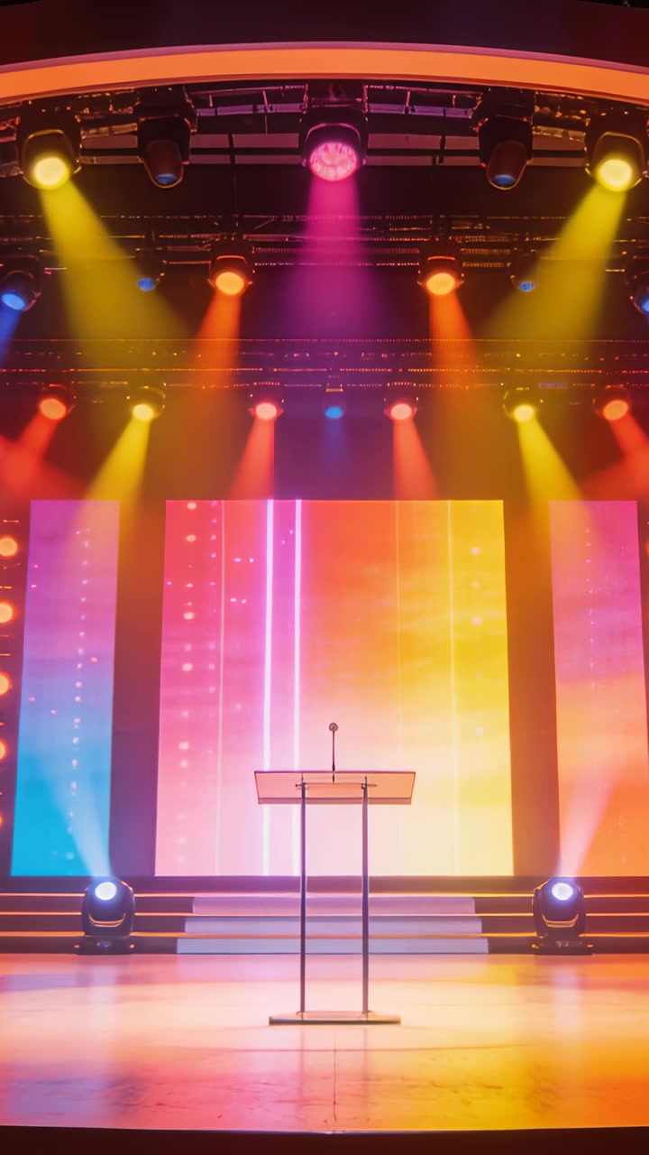 Vertical video: Cueing spotlights bathing lectern with slim mic on stage, LED wall ready