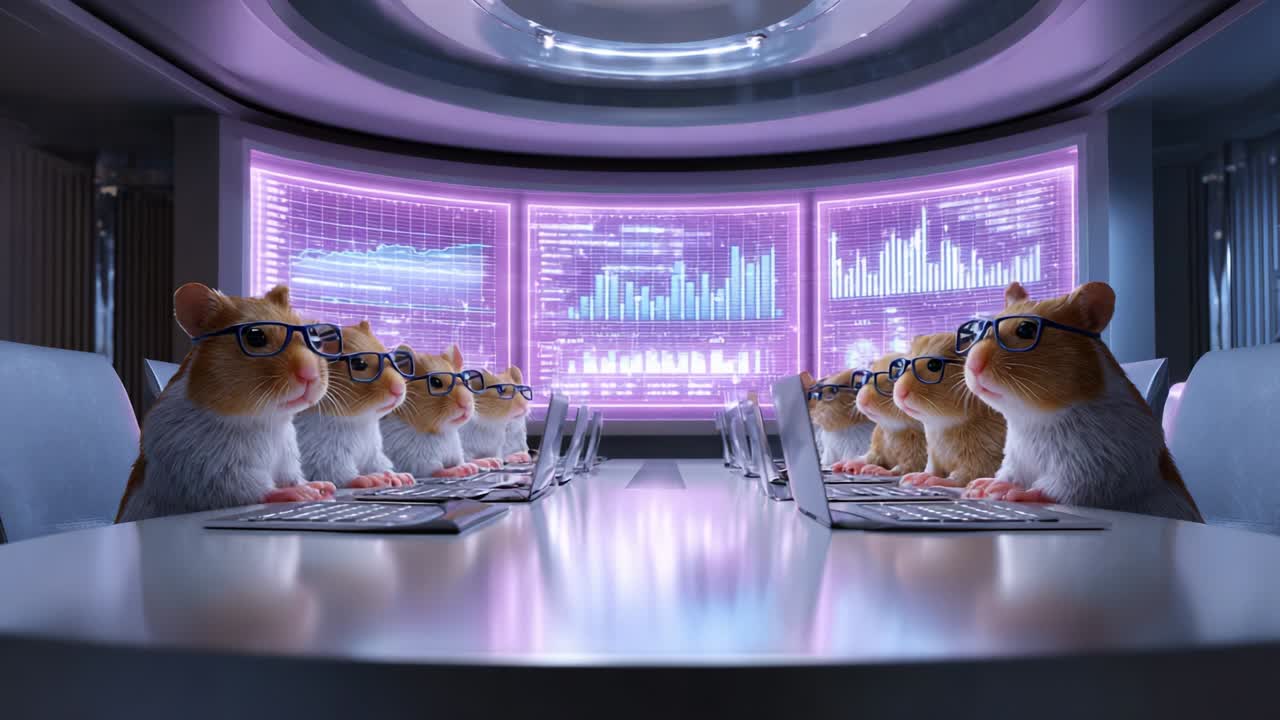 A Unique Boardroom Meeting Featuring a Group of Hamsters in Glasses Analyzing Data on Multiple Screens, Combining Humor with a Business Setting in a Modern Conference Room Environment