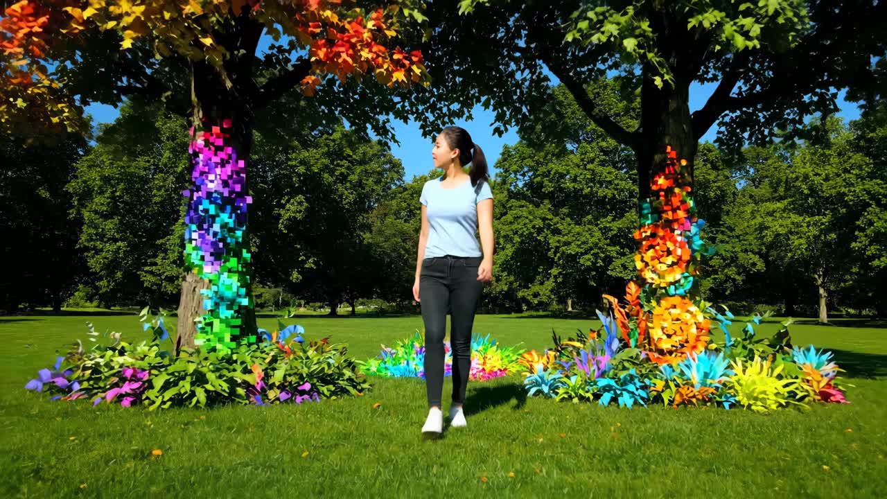 Woman Walking in a Park with Colorful Decorations