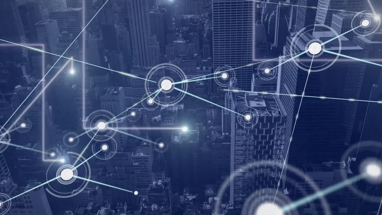 Animation of network of connections with icons over cityscape
