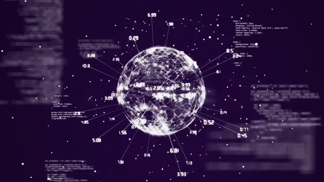 animación del procesamiento de datos sobre el globo y los puntos blancos