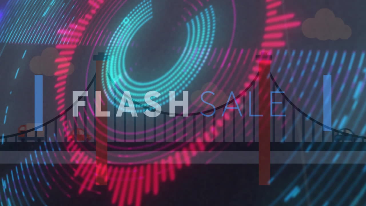 Flash sale text animation over bridge silhouette with colorful abstract patterns