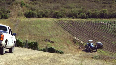 una camioneta conduce por un camino agrícola al borde de un viñedo en la tierra fértil del valle de lompoc, california