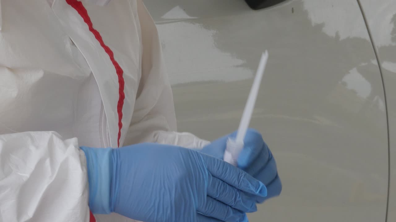 Close-up of a drive-through COVID-19 testing facility at Stelios Kyriakides Stadium in Paphos, Cyprus for mass random testing during the coronavirus pandemic.
