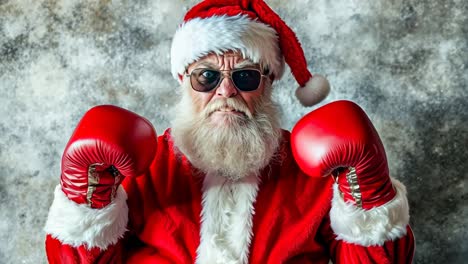 un hombre vestido de santa claus con guantes de boxeo y gafas de sol