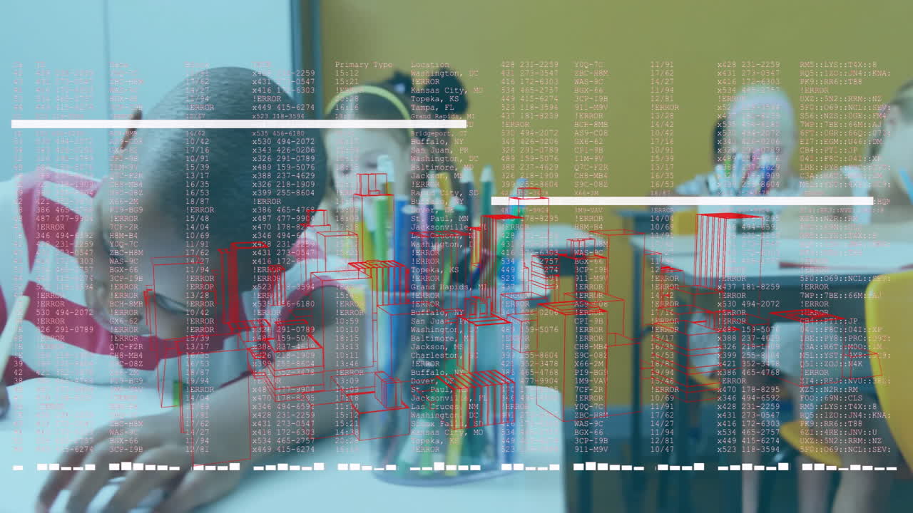 Children sleeping at school desk with data processing animation overlay
