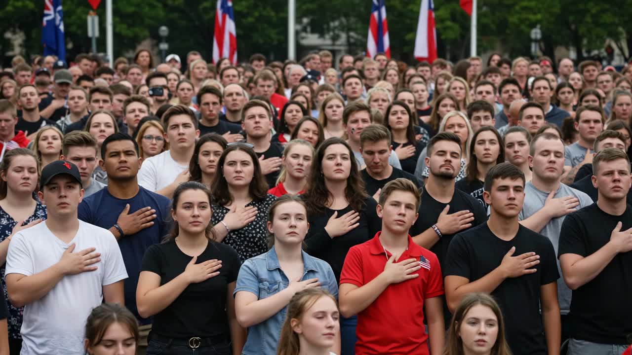 Gathering of Young People in Unison, Expressing Solidarity and Respect with Hands on Hearts at a Major Event Surrounded by Flags and National Symbols