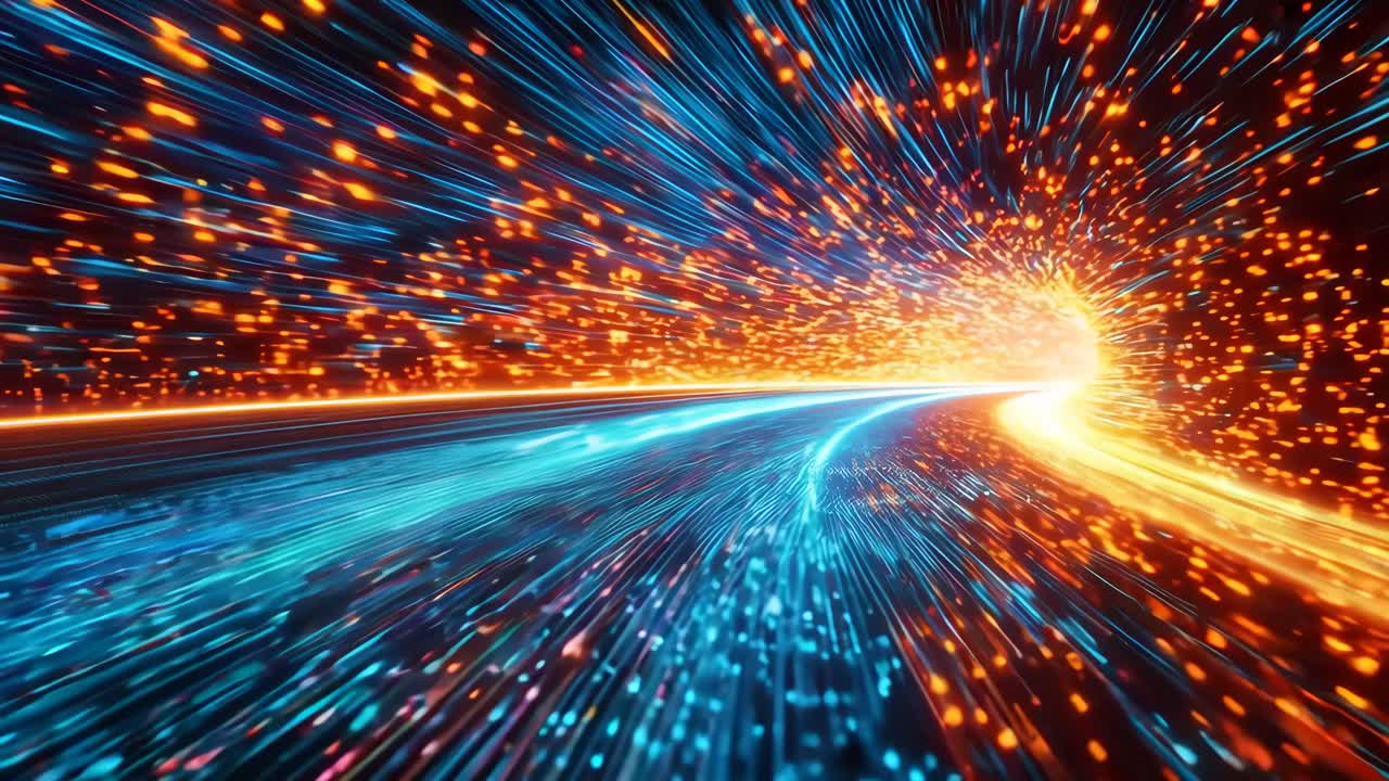 A blue and orange tunnel with a bright orange line. The tunnel is lit up with bright colors and the blue and orange colors are contrasting