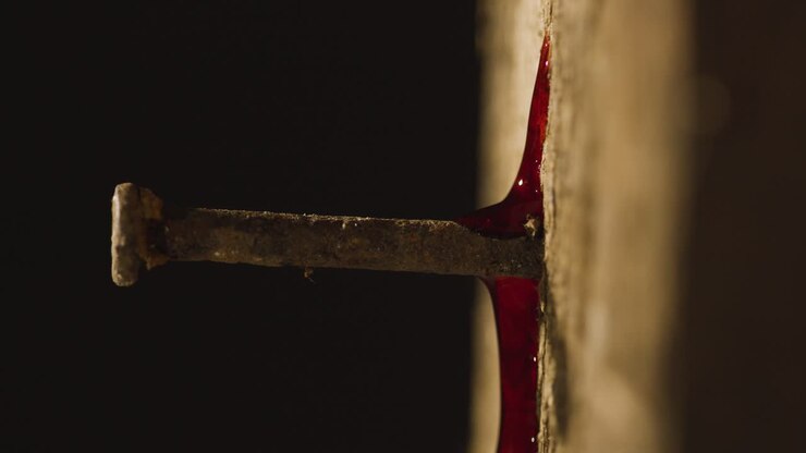 Religious Concept Shot With Close Up Of Droplet Of Blood On Old Rusty Nail In Wooden Cross
