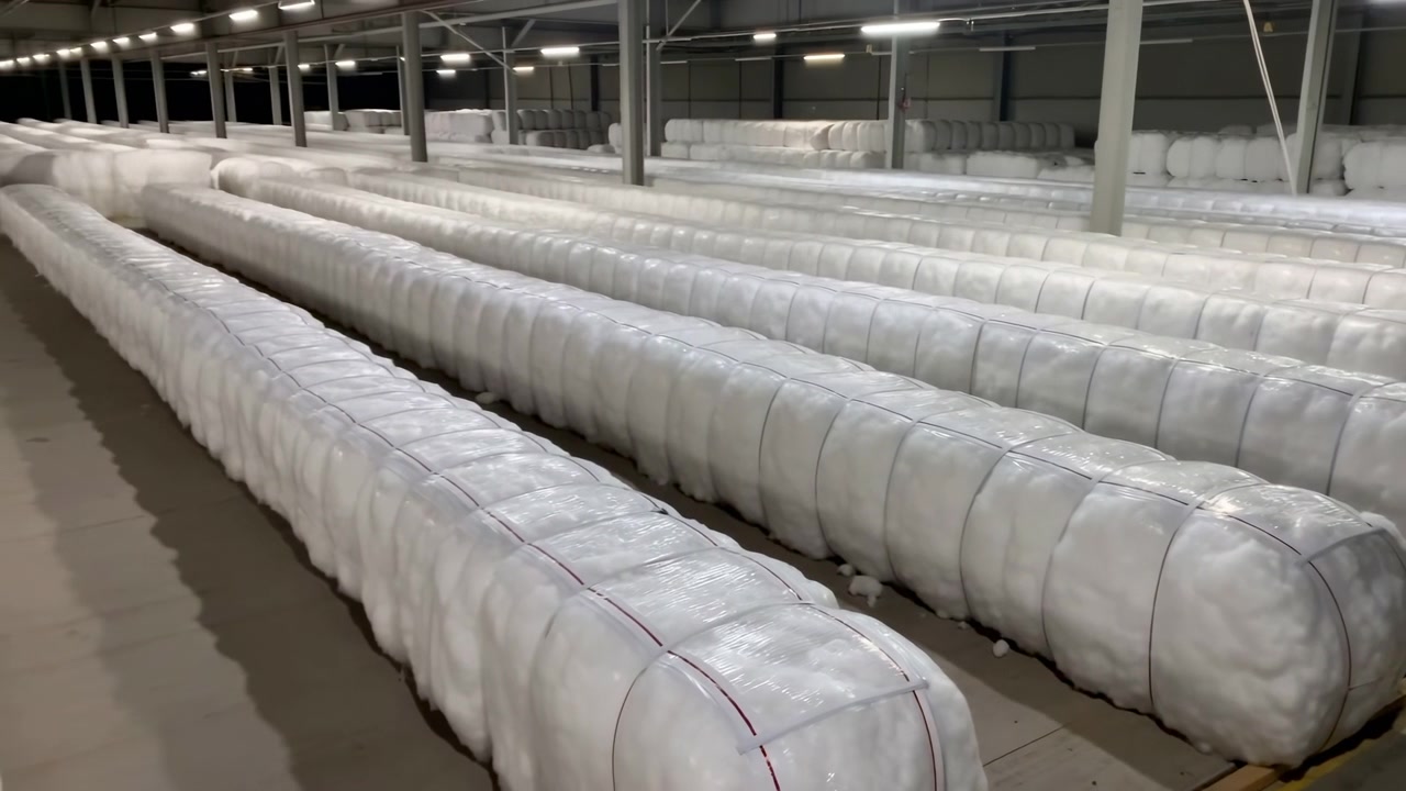 Vista elevada de armazém mostrando grandes fardos cilíndricos embrulhados em plástico branco brilhante e presos com cintas, alinhados em longas fileiras paralelas através de corredores de armazenamento limpos com padrões repetitivos.