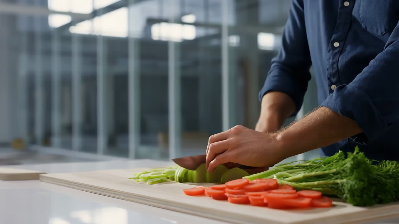 Persona che taglia verdure fresche su un tagliere.