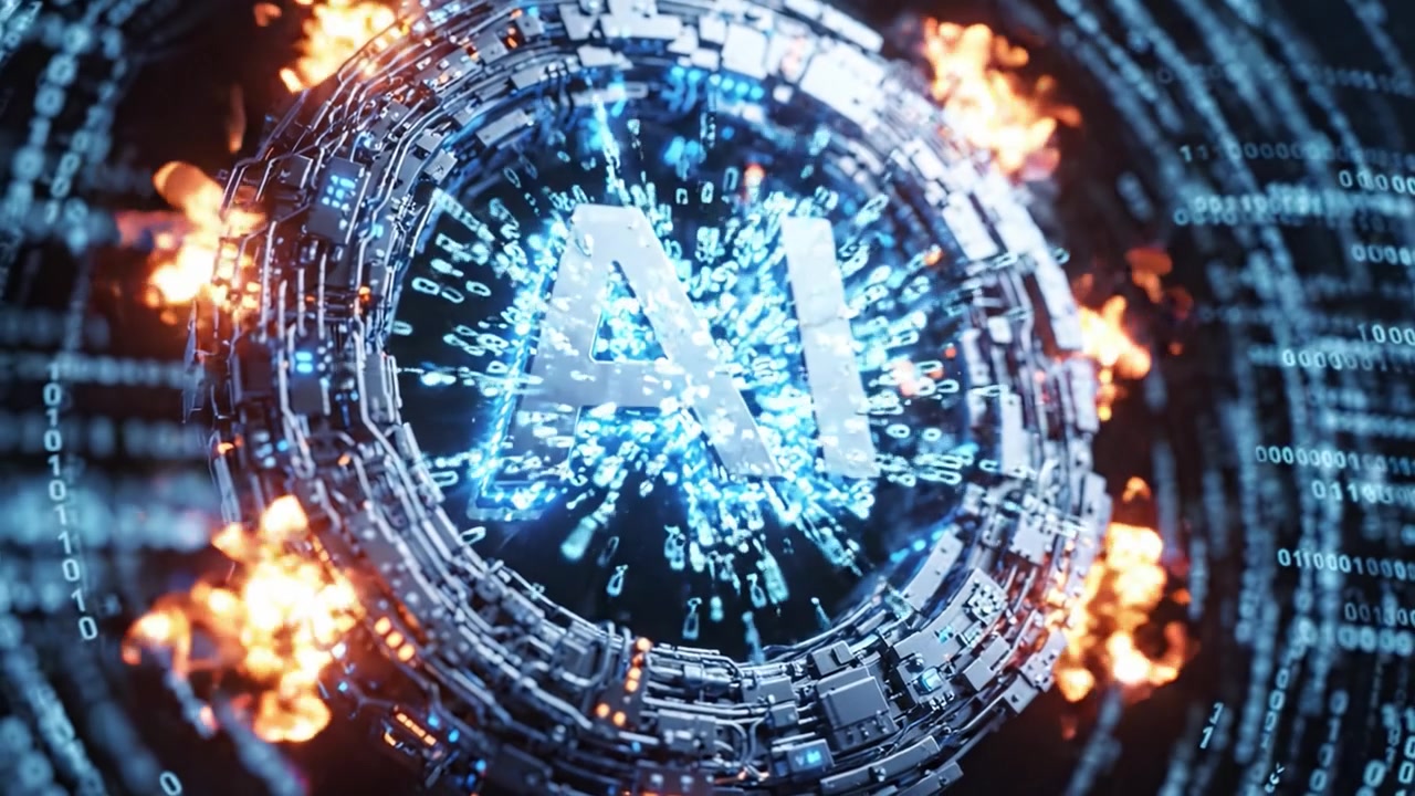 Una complessa rappresentazione digitale dell'intelligenza artificiale che mostra l'evoluzione della tecnologia attraverso un design abbagliante e futuristico in due cornici accattivanti.