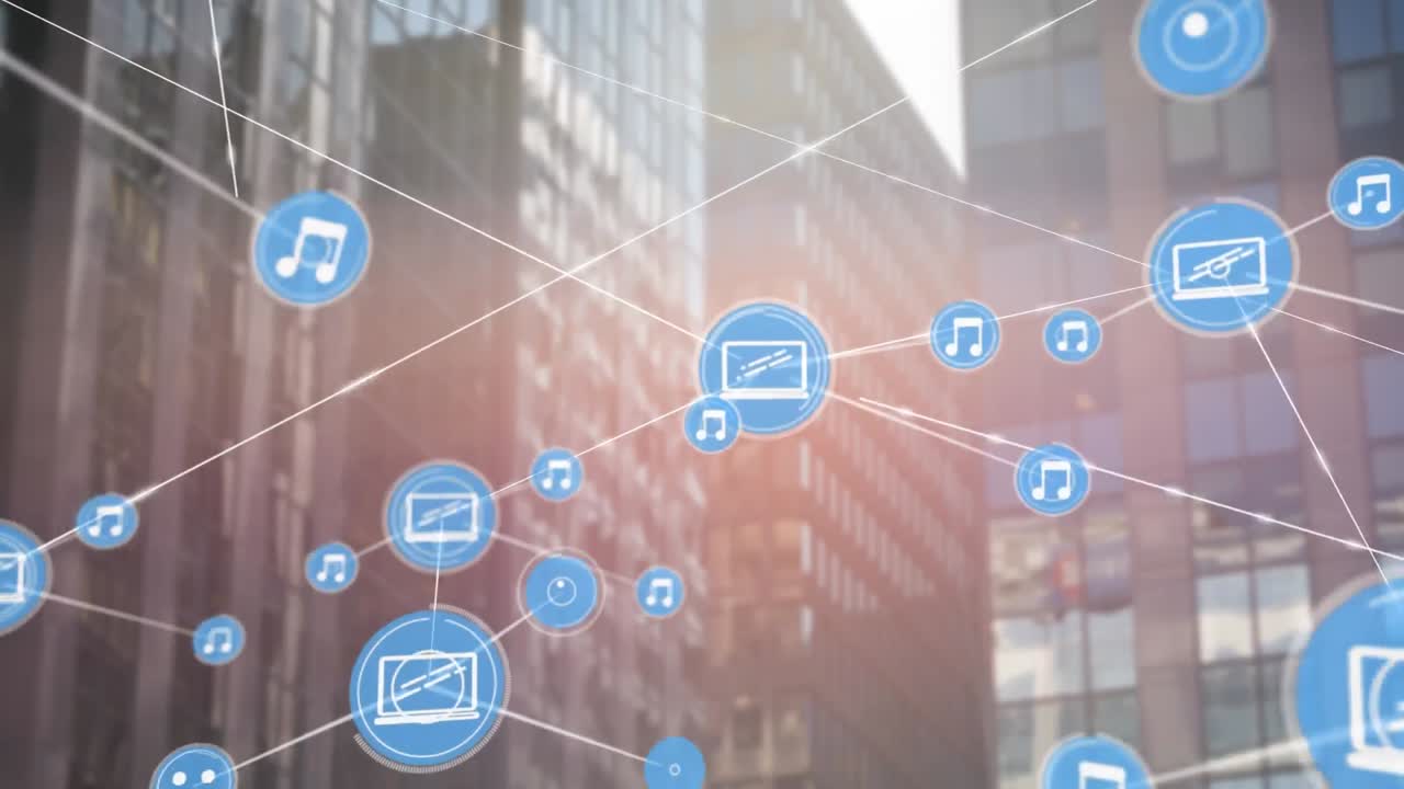 都市風景上のアイコンの接続ネットワークのアニメーション