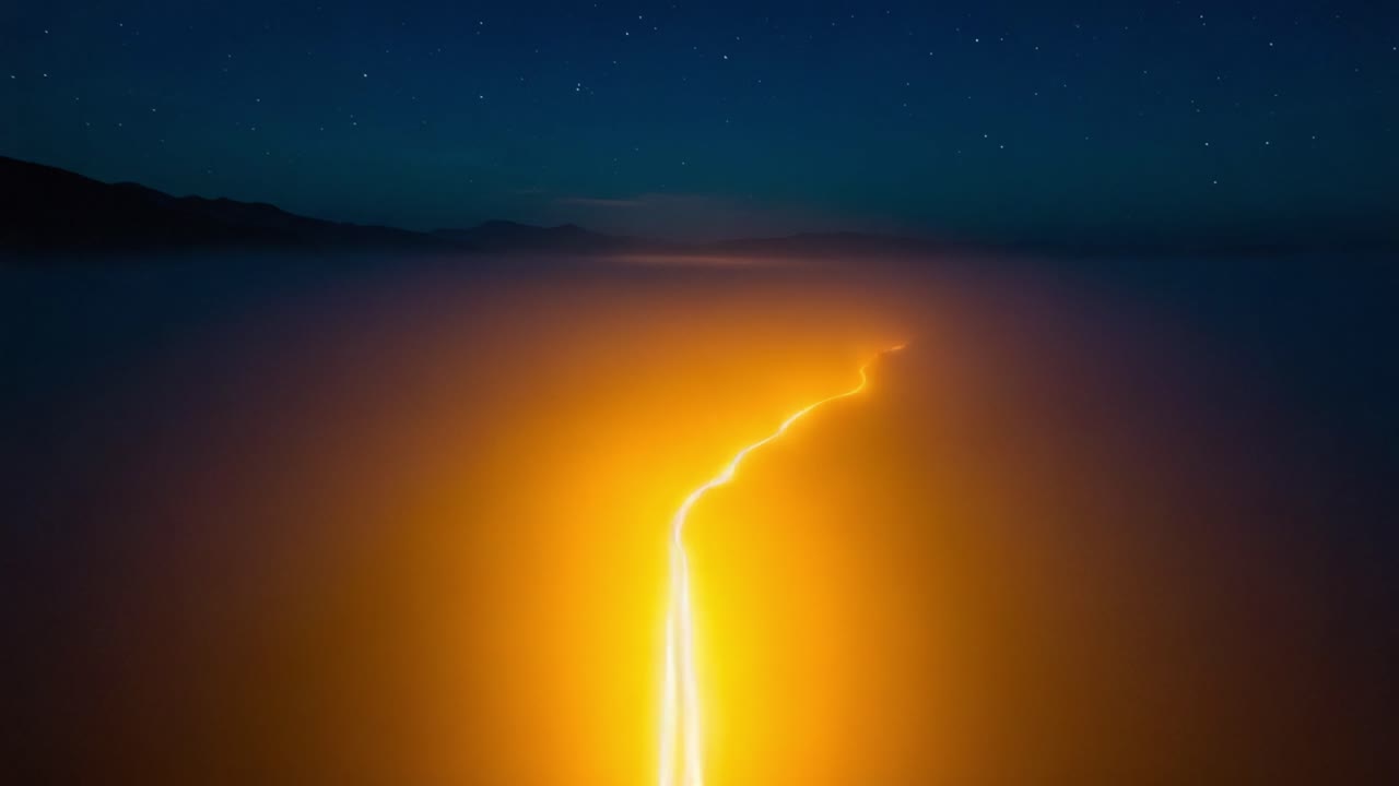A breathtaking display of nature's beauty as glowing lightning fractures through the dark fog, illuminating the landscape with a vibrant golden light amidst the starry night sky