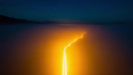 a breathtaking display of nature's beauty as glowing lightning fractures through the dark fog, illuminating the landscape with a vibrant golden light amidst the starry night sky