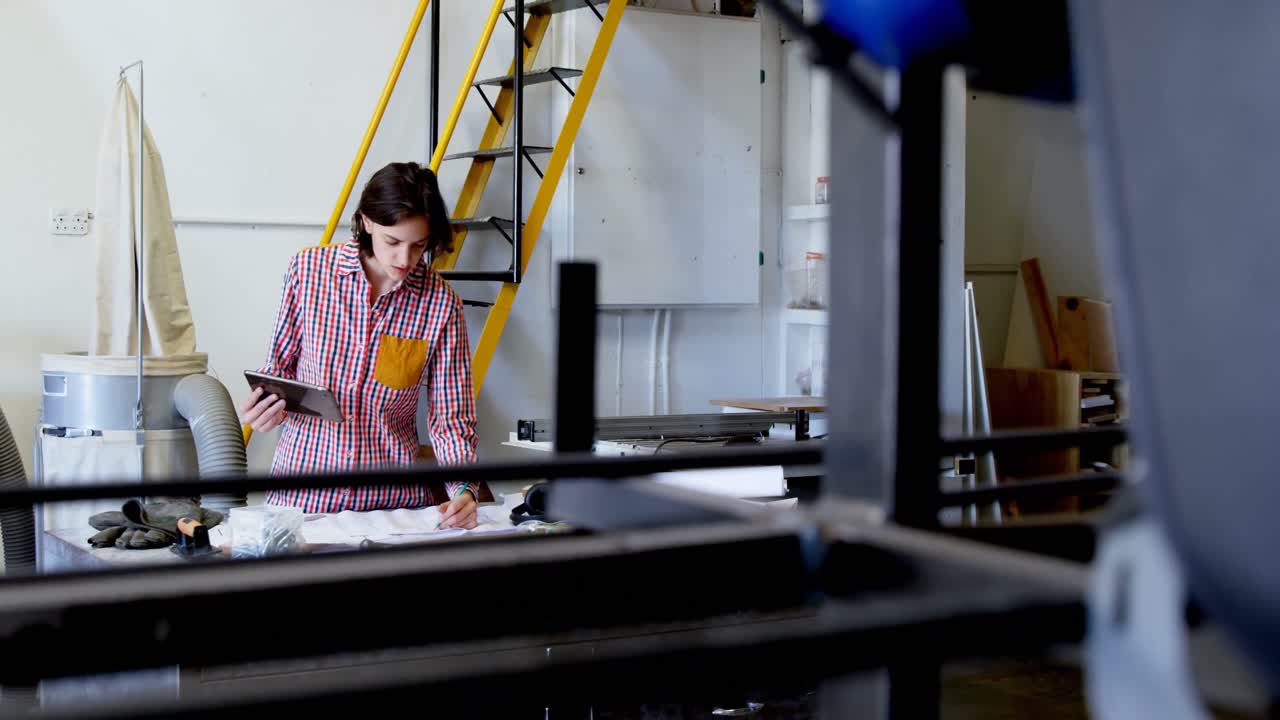 Carpenter working on blueprint while using digital tablet 4k