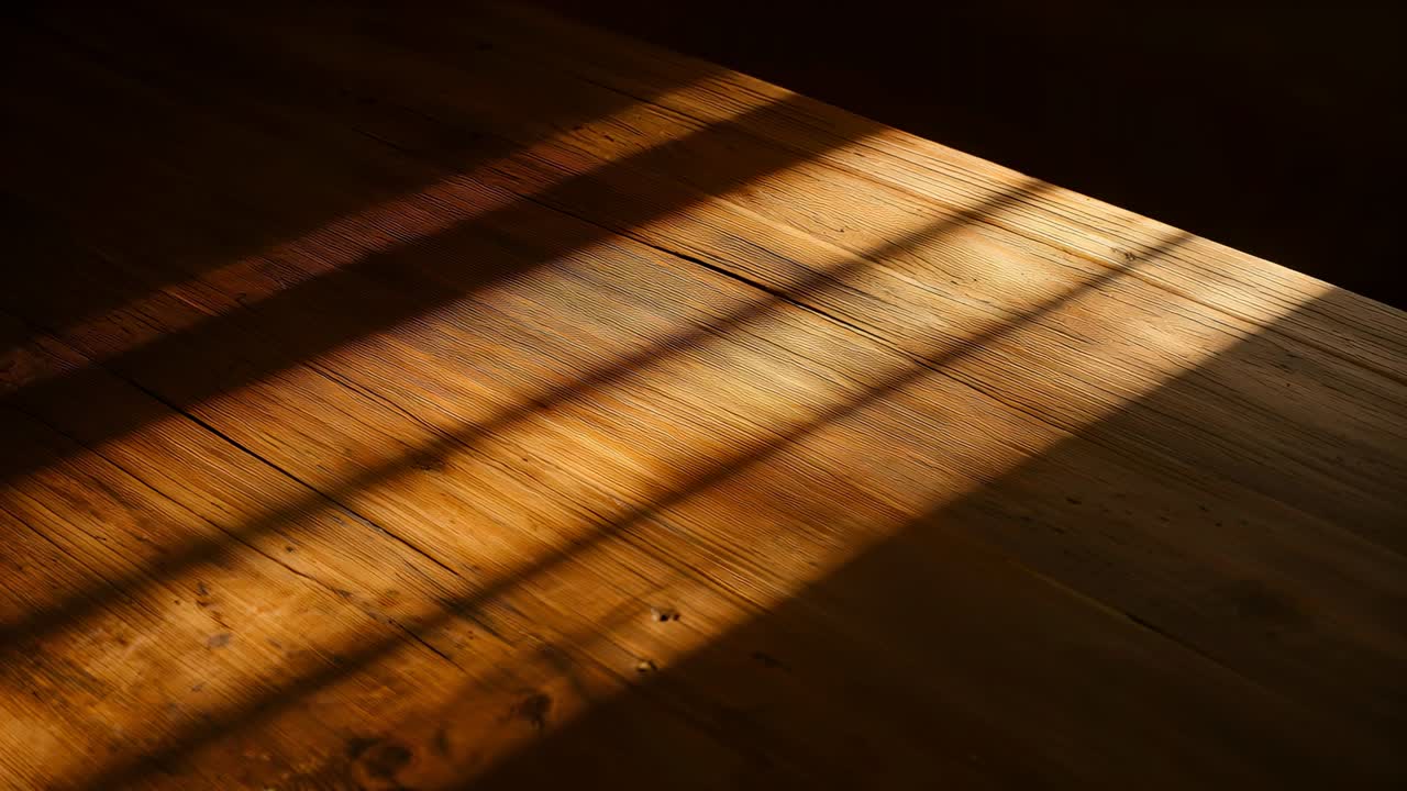 Il sole serale che si sposta e cala attraverso il pavimento a doghe di legno in una stanza, proiettando ombre dei telai delle finestre.