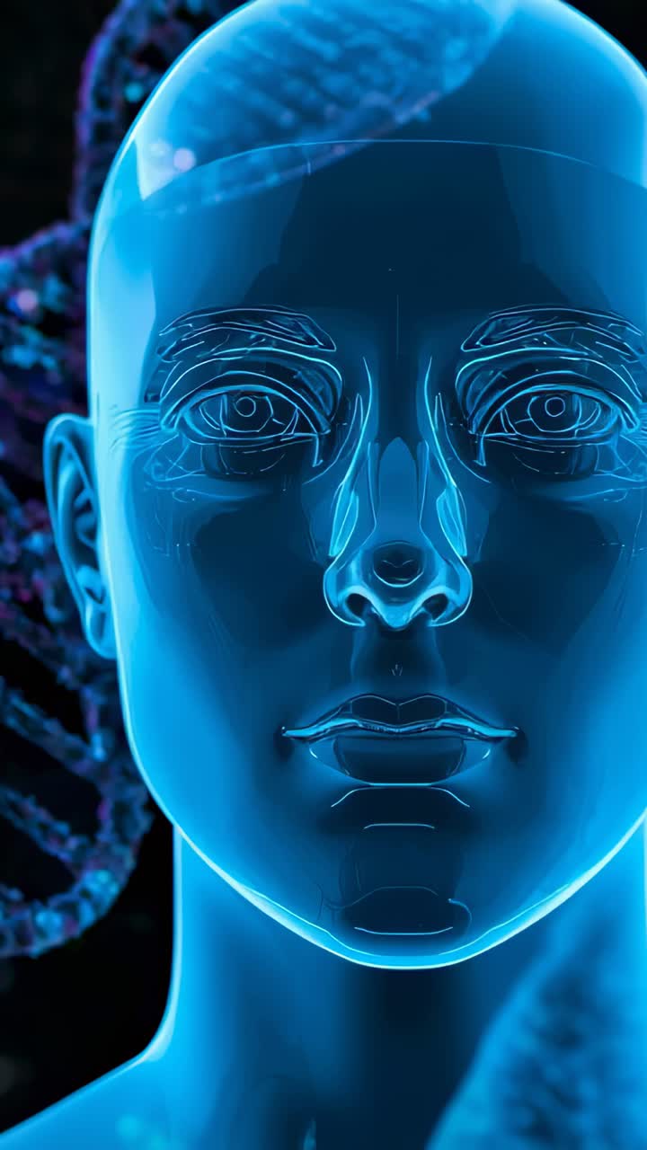 Pystysuuntainen video: animoitu läpikuultava sininen 3d-renderöity pään malli sykkivillä viivoilla laboratoriossa, kun DNA-kierre pyörii