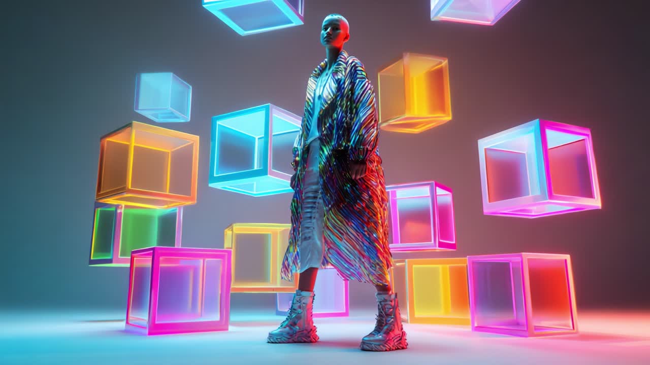 A Futuristic Figure Stands Confidently Amidst Vibrant, Floating Cubes of Color in an Ethereal Digital Landscape, Merging Fashion with Modern Technology in a Stunning Visual Display