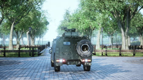 armored military car in big city