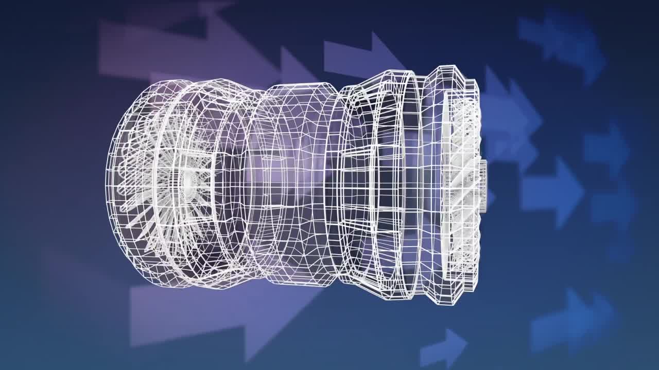 Revolving technical drawing of turbine on a blue background