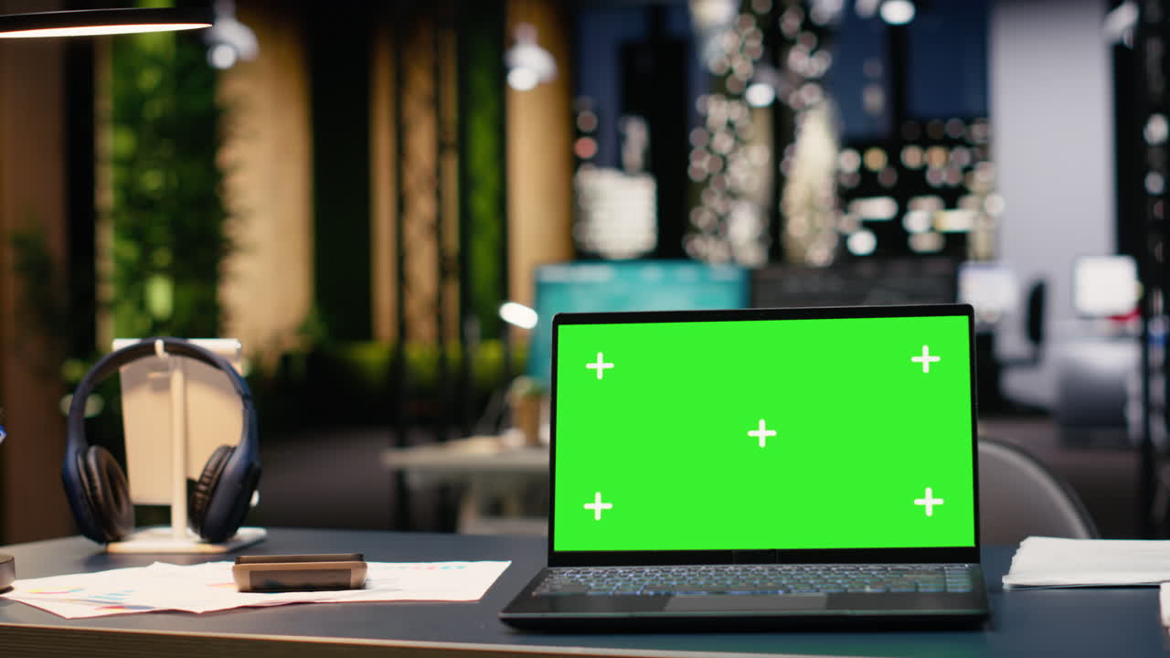 Chroma key su laptop in un interno ufficio vuoto con layout open space