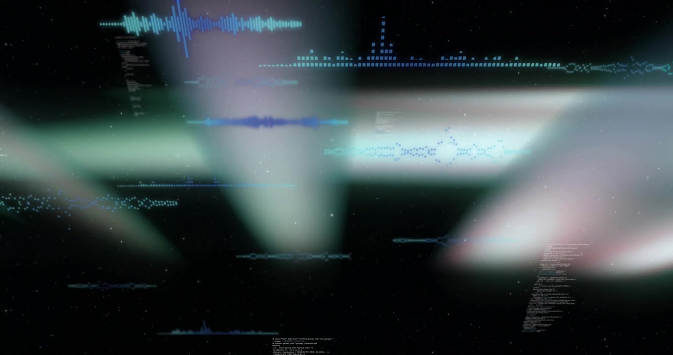 Visualizzazione di dati digitali con raggi di luce astratti e onde sonore