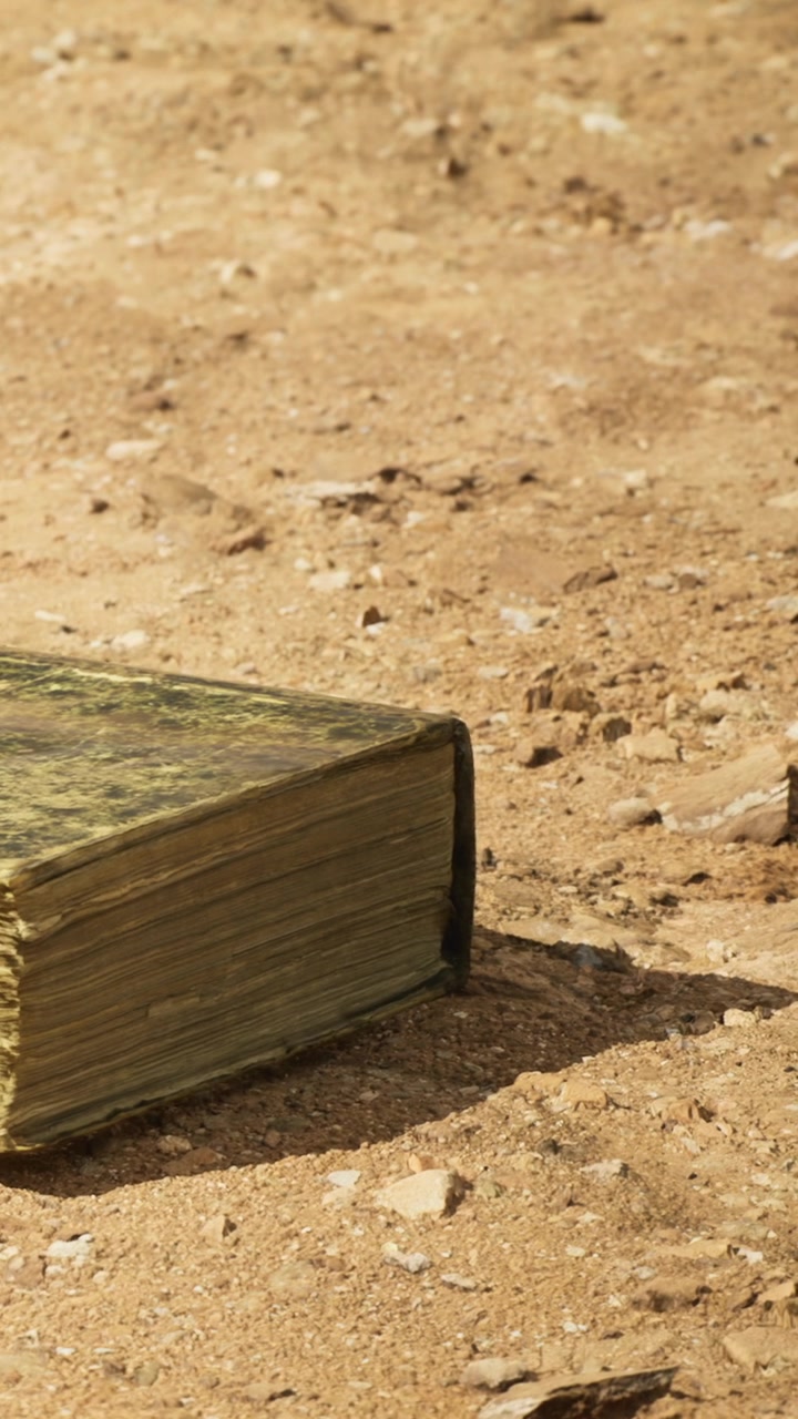 Un libro dimenticato riposa tranquillamente sotto il sole su terreno sabbioso in uno spazio aperto.