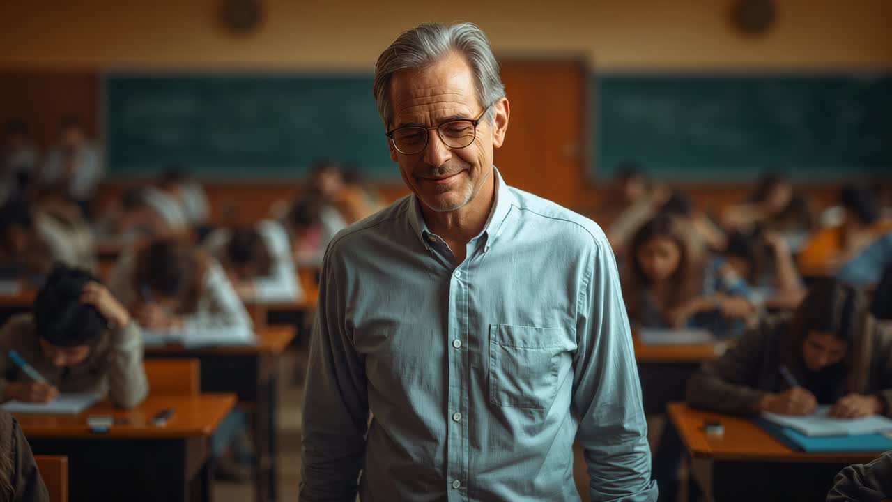 Stepping forward teacher with glasses blue shirt monitoring class writing exam as exam starting