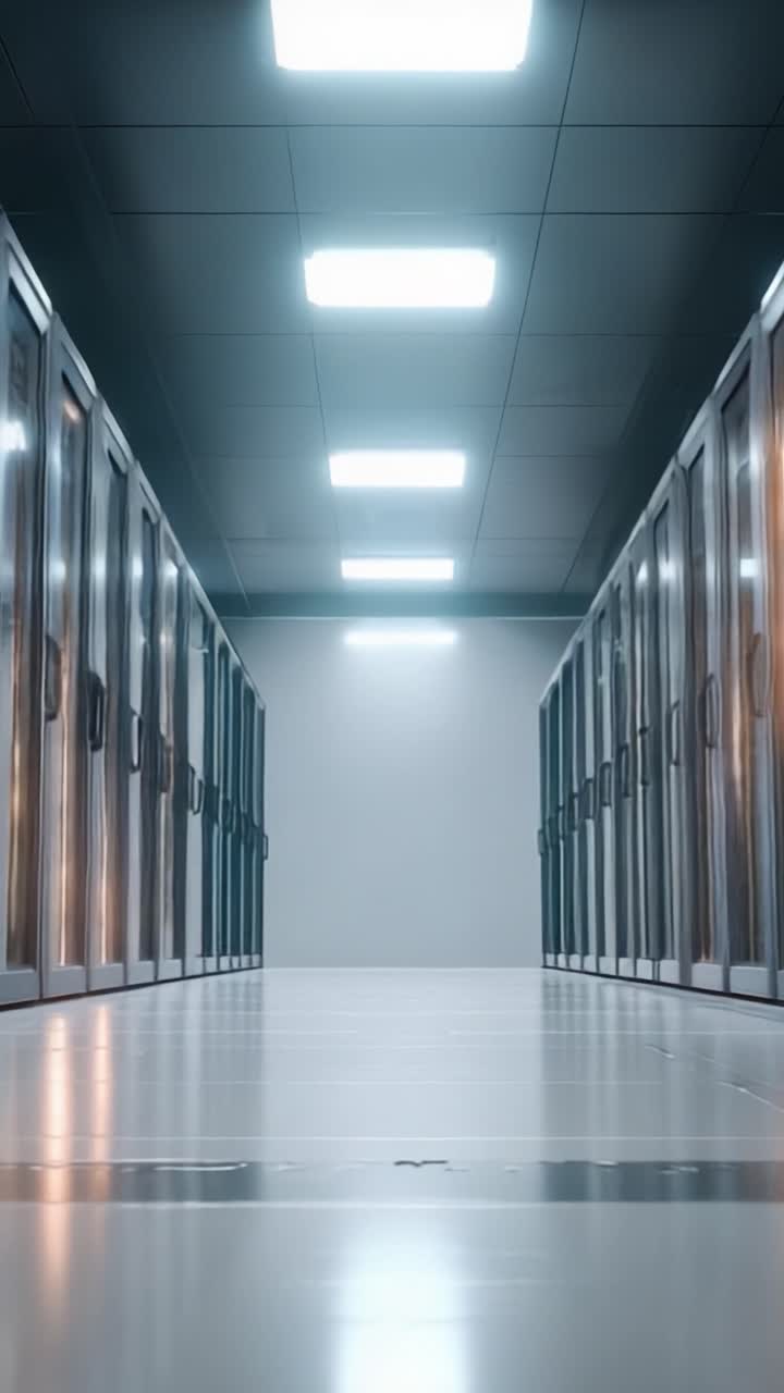 Un corridoio di data center high-tech con file di lucidi armadi server sotto luminose luci LED, che dimostra tecnologia avanzata e design efficiente.