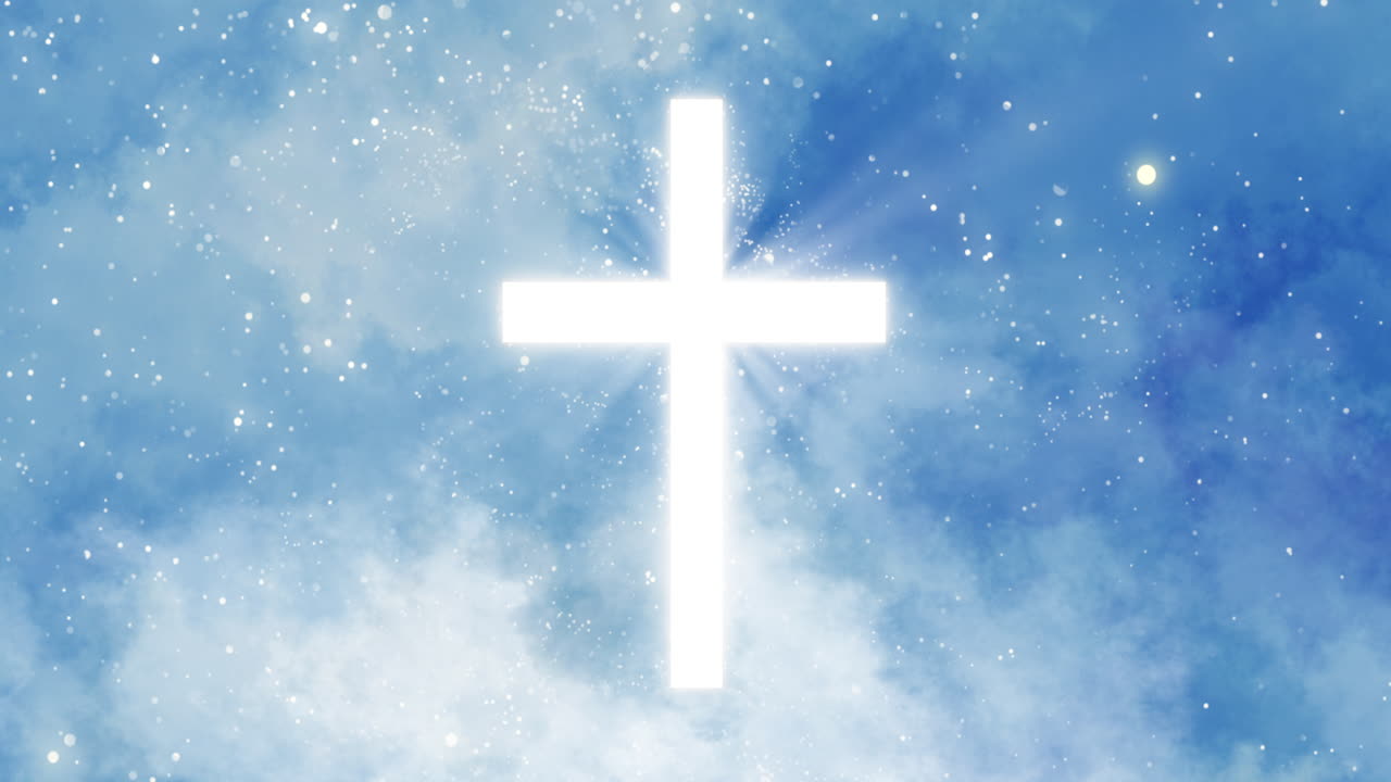 A glowing cross against a blue cloudy sky