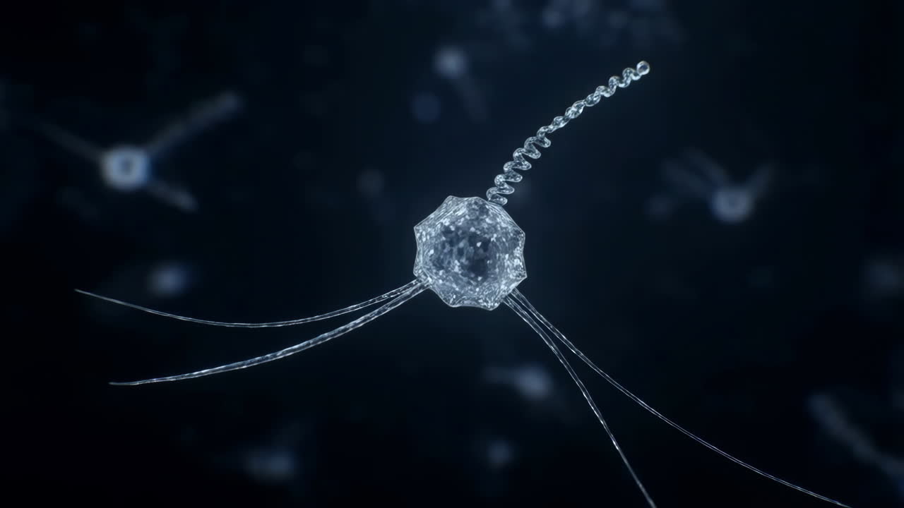 Krystallinsk neuronmodel gløder i mørkt rum, ultradetaljeret 3D-gengivelse af glaslignende neuron med spiralformet axon