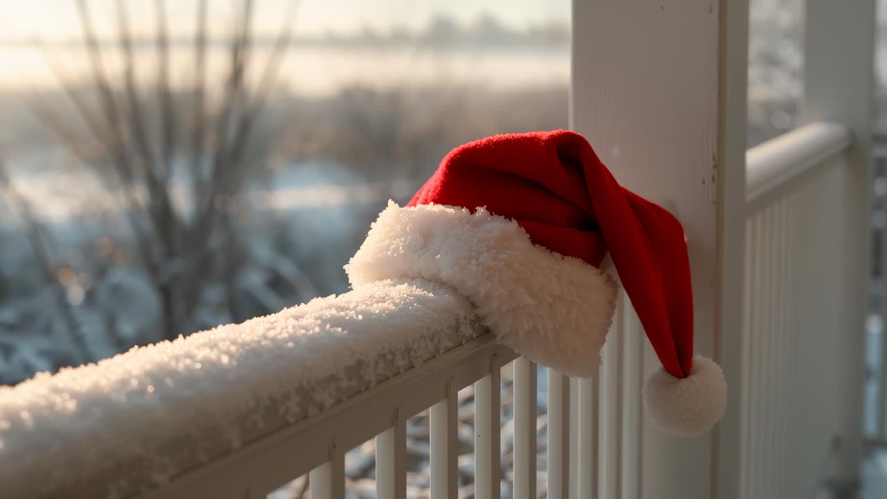 Panning camera bringing red Santa hat into focus on snowy railing, showing fur trim, copy space