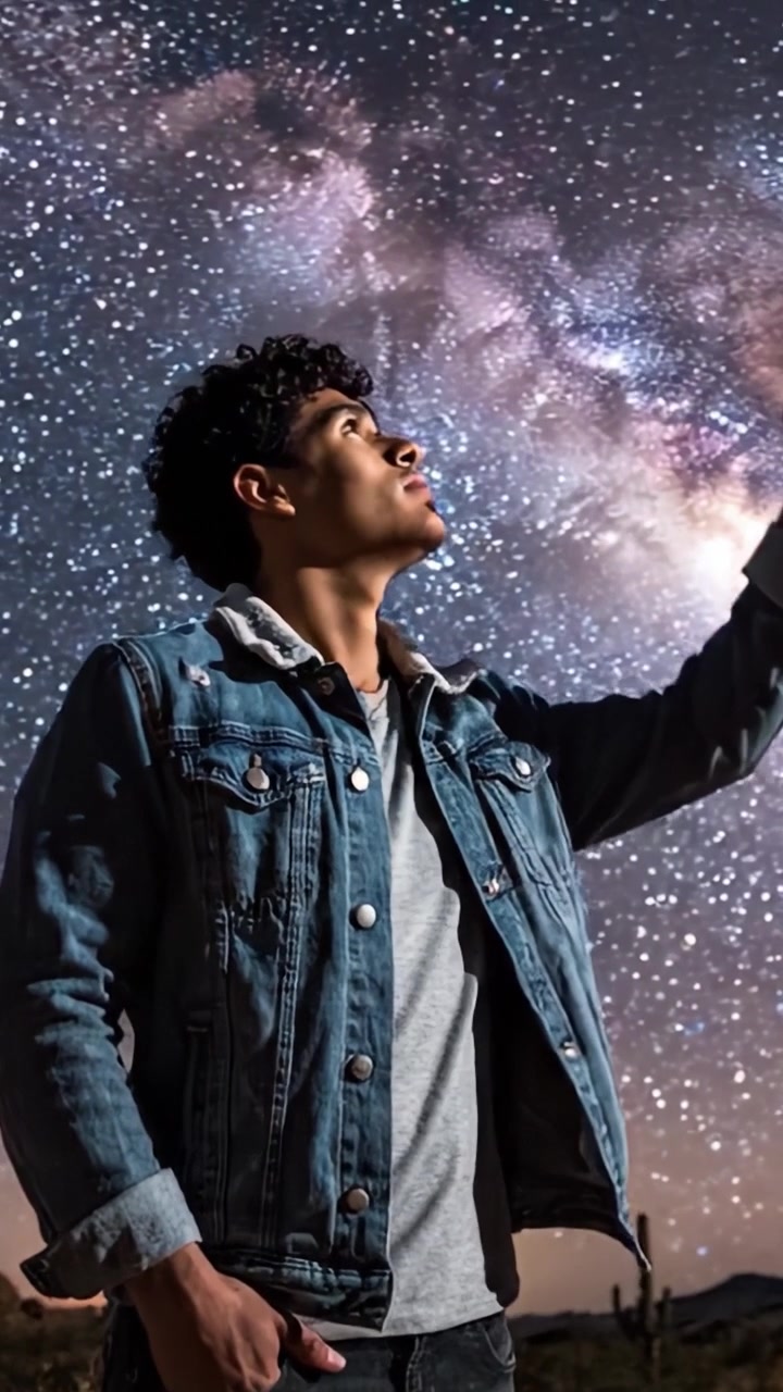 Un giovane sognatore che osserva un cielo stellato: abbracciando le meraviglie dell'universo sotto una Via Lattea scintillante e una vasta tela cosmica.