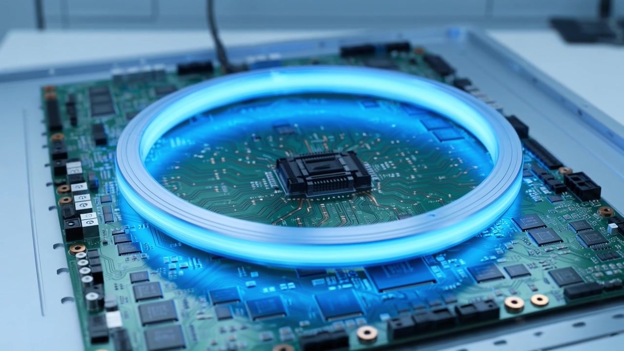 Blåt lys oplyser et højteknologisk printkort med processor