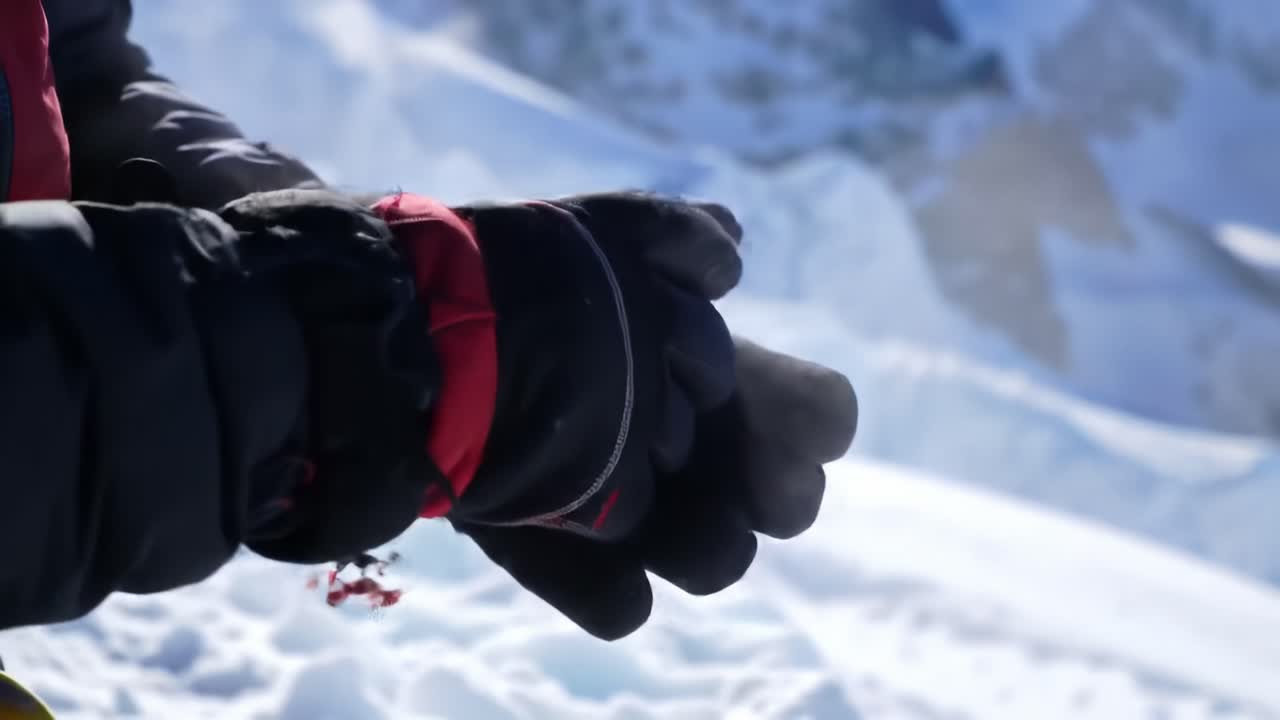A climber adjusts their gloves while getting ready for an ascent in a snowy mountain environment. The scene captures the rugged beauty of the surrounding peaks under clear skies.
