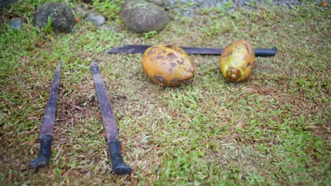 coconuts and machetes laying on ground ready to be cracked and opened