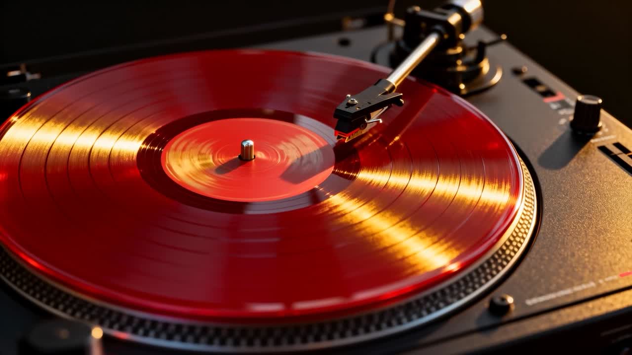 Piatto rotante, vinile rosso traslucido sul giradischi in una stanza poco illuminata, stilo che si sposta verso l'interno per la riproduzione