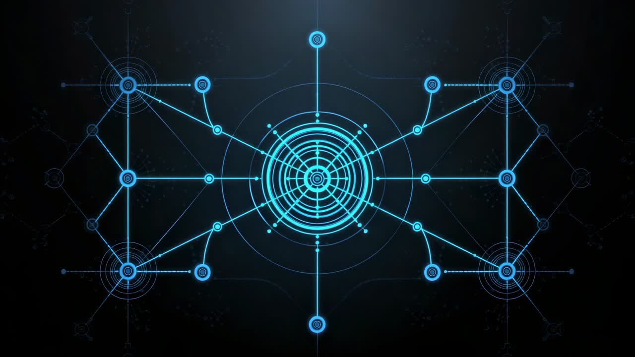 Starting with faint ring pulsing, ring network expanding on dark grid, linking rings and nodes