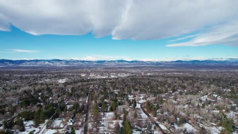 drone aerial view of denver, colorado suburb, greenwood village with snow